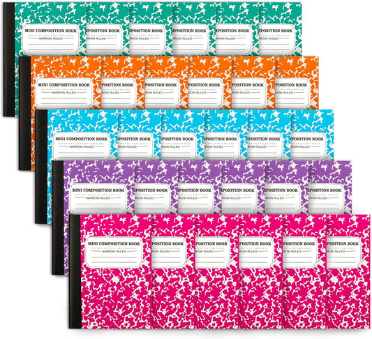 feela Mini Composition Notebook, Cute 30 Pack 5 Pastel Colors Narrow Ruled Mini Composition Books Bulk, Small Pocket Marble Journal Notebooks for Kids Students College, Pocket Size 4.5 x 3.25 in