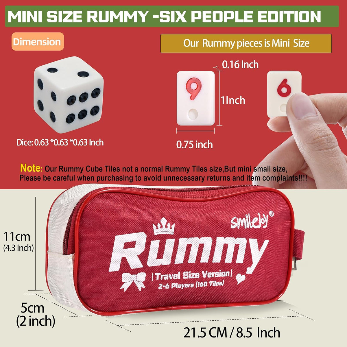 Mini Rummy Cube Six Player Edition, Travel Rummy Game Set with Portable Canvas Bag,Classic Board Game for Adults and Kids |160 Tiles|6 Playing Racks|1 Dice (2-6 Player)