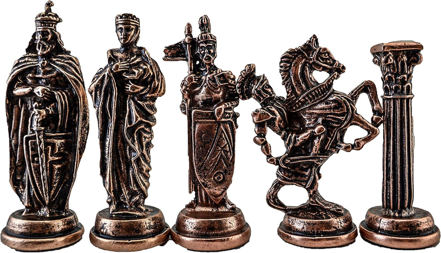 Medieval British Army Antique Copper Metal Chess Set for Adults,Handmade Pieces and Natural Solid Wooden Chess Board with Storage Inside King 3.35inc