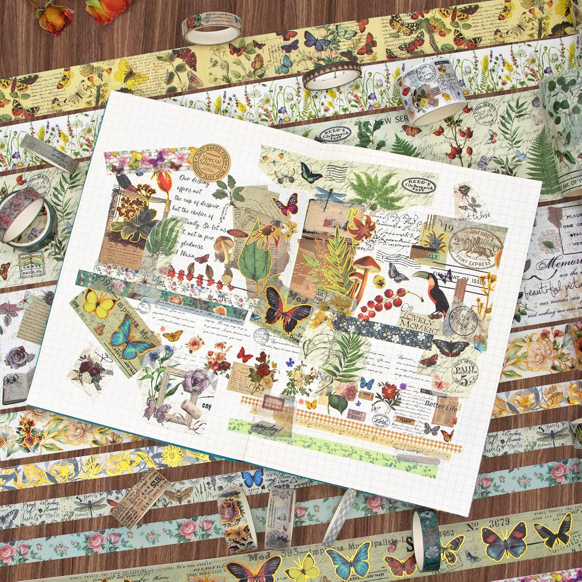 37 Rolls Vintage Washi Tape Set - Decorative Tape Floral Butterfly Mushroom Botanical,Adhesive Tape for Journaling Supplies,Scrapbooking,Junk Journal Supplies5/8/10/15/30/75mm Wide9.84ft Long/Roll