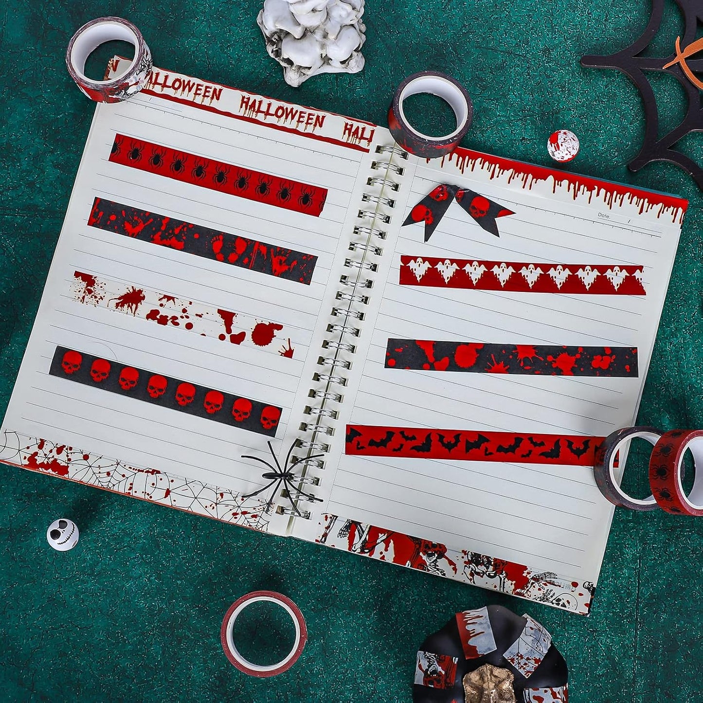 Whaline 12 Rolls Halloween Bloody Washi Tapes Blood Spatter Spooky Bloodstain Skull Ghost Masking Tapes 15mm Scary Bloody Washi Tape Set for Scrapbook Journal DIY Craft Gift Wrapping, 16.4Ft