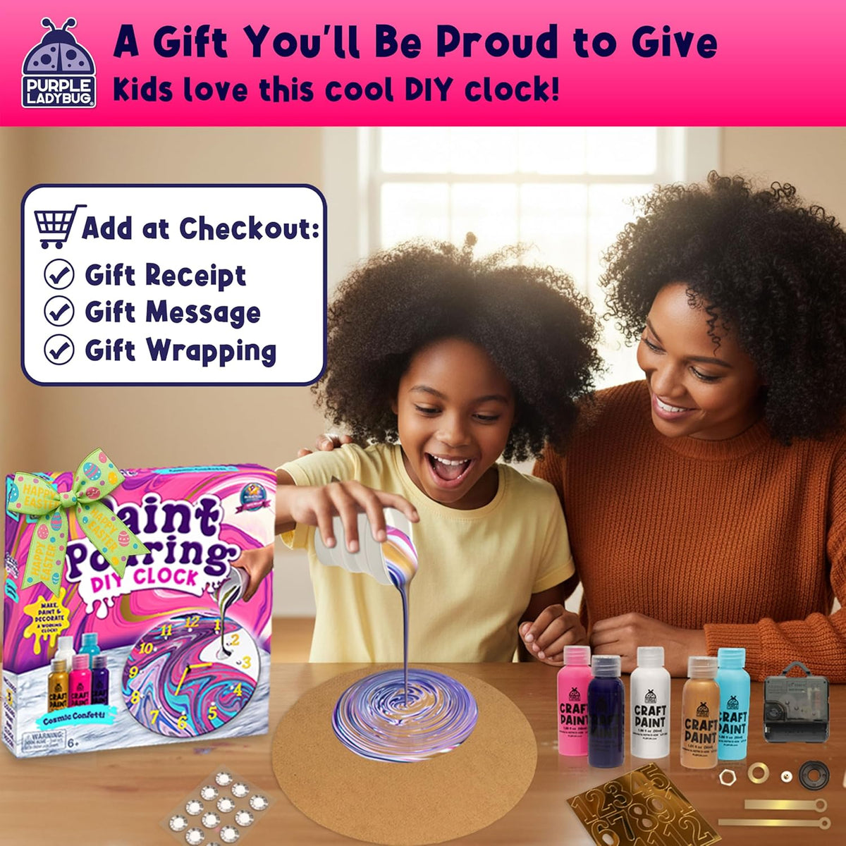 Acrylic Pouring Paint DIY Clock Kit - Creative Kids Painting Kit - 6 7 8 9 10 11 12 Year Old Girl Gift Ideas, Birthday & Christmas Gifts for 6-12 Year Old Boys & Girls - Crafts for Kids 6-8 8-12