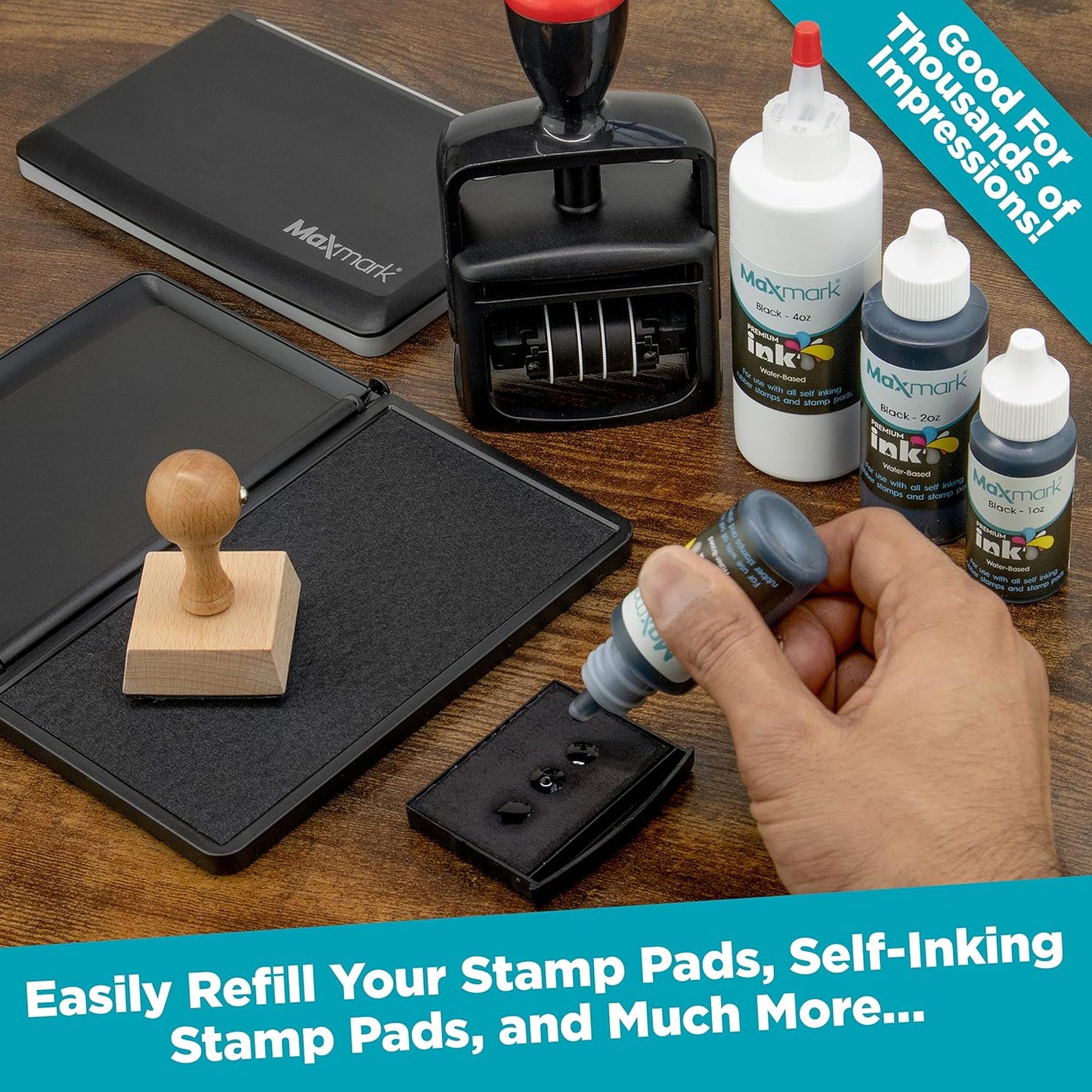 MaxMark Premium Refill Ink for self Inking Stamps and Stamp Pads, Black Color - 4 oz.