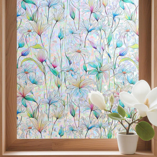 Donox Decorative Window Privacy Film, 3D Floral Stained Glass Window Film Static Cling Rainbow Privacy Sticker for Glass Door Heat Control Anti UV, No Adhesive (Magnolia,35.4 x 78.7 inches)