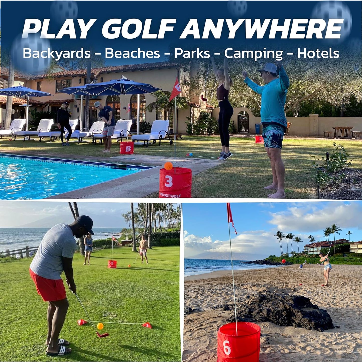 bucketgolf Game 6 Hole Bundle with Clubs - The Best Backyard Golf Game for All Ages and Levels Adults, Kids, Families, Schools, Yards, Parks, Beaches, Vacation. (2 Clubs (2 RH))