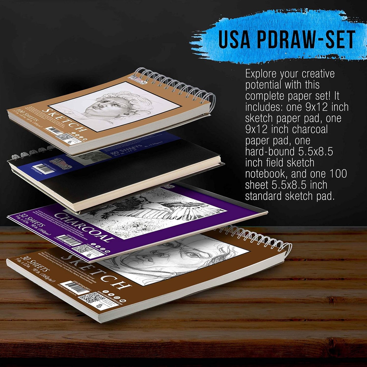 U.S. Art Supply 4-Pad Sketch Book and Drawing Paper Set (242 Sheets) - Sizes (5.5 x 8.5 and 9 x 12 Inch) Spiral Bound, Artist Drawing Pads for Mixed Media