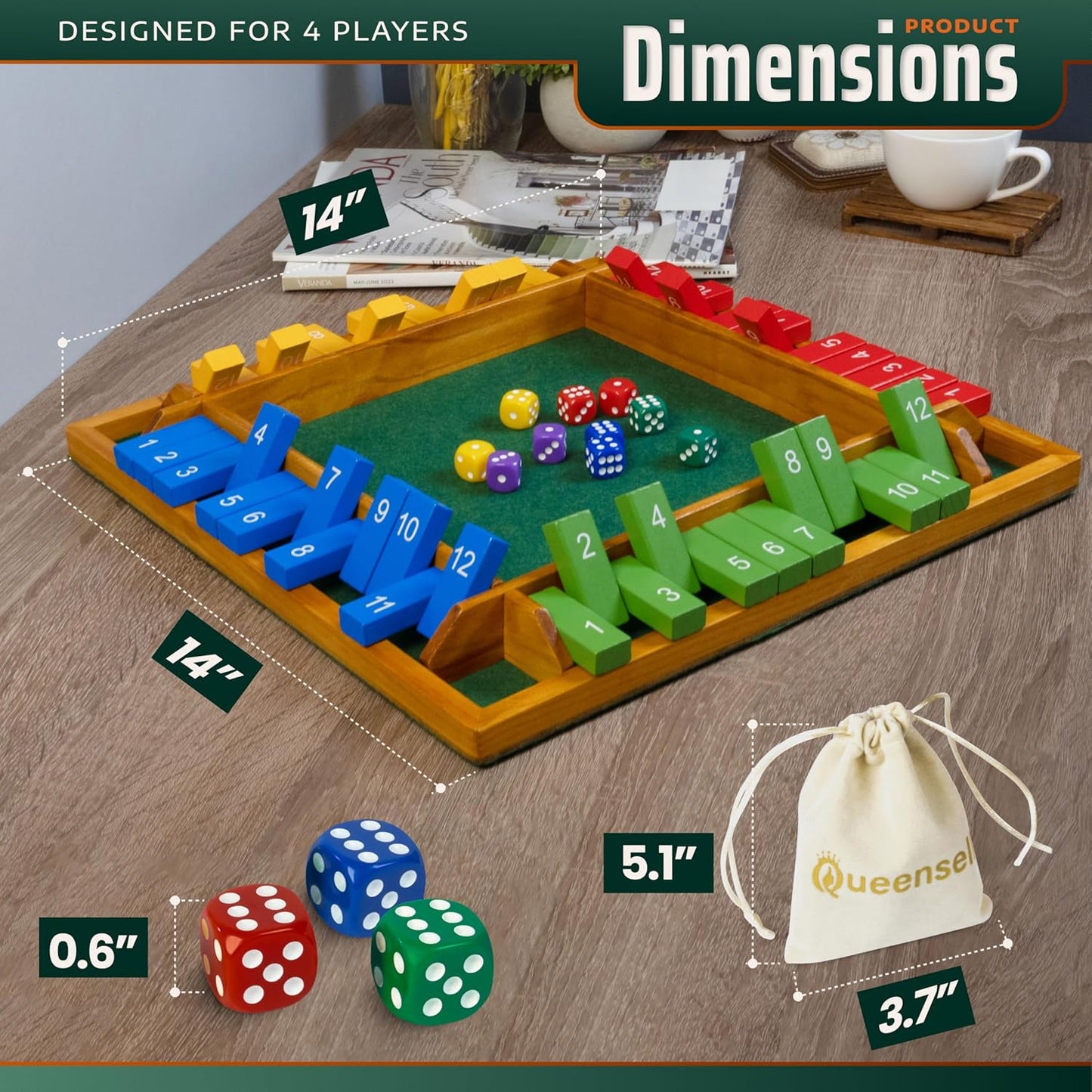 Shut The Box Game Wooden Board for 4 Players - 14-inch Shut The Box Game 12 Numbers for Adults & Kids - Ideal for Games Night