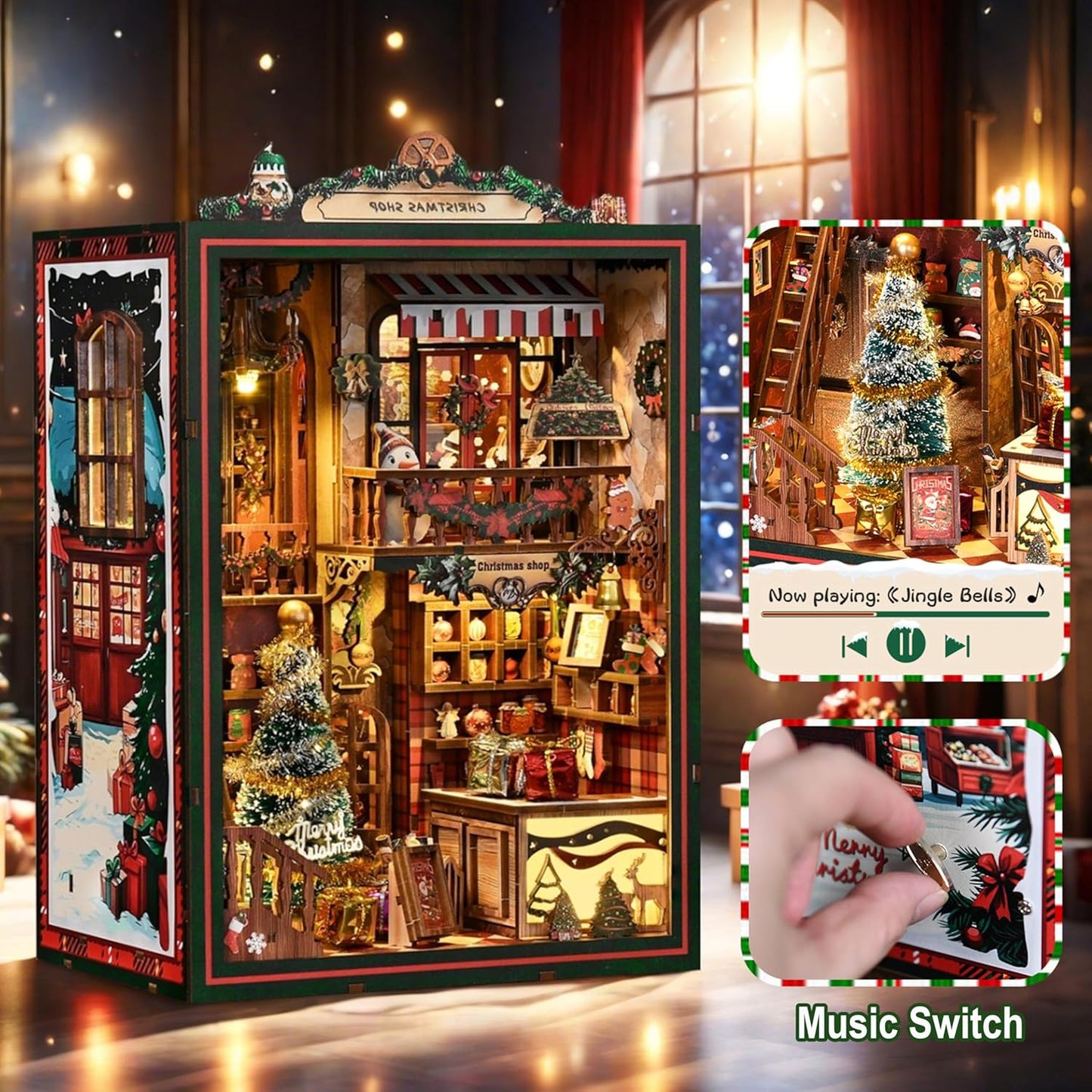 ISSEVE Book Nook Kit - DIY Miniature House Kit for Adults Teens Beginners, Christmas Dollhouse Booknook with Music Mechanism Tiny House Bookshelf Decoration 3D Wooden Puzzles (Christmas Shop)