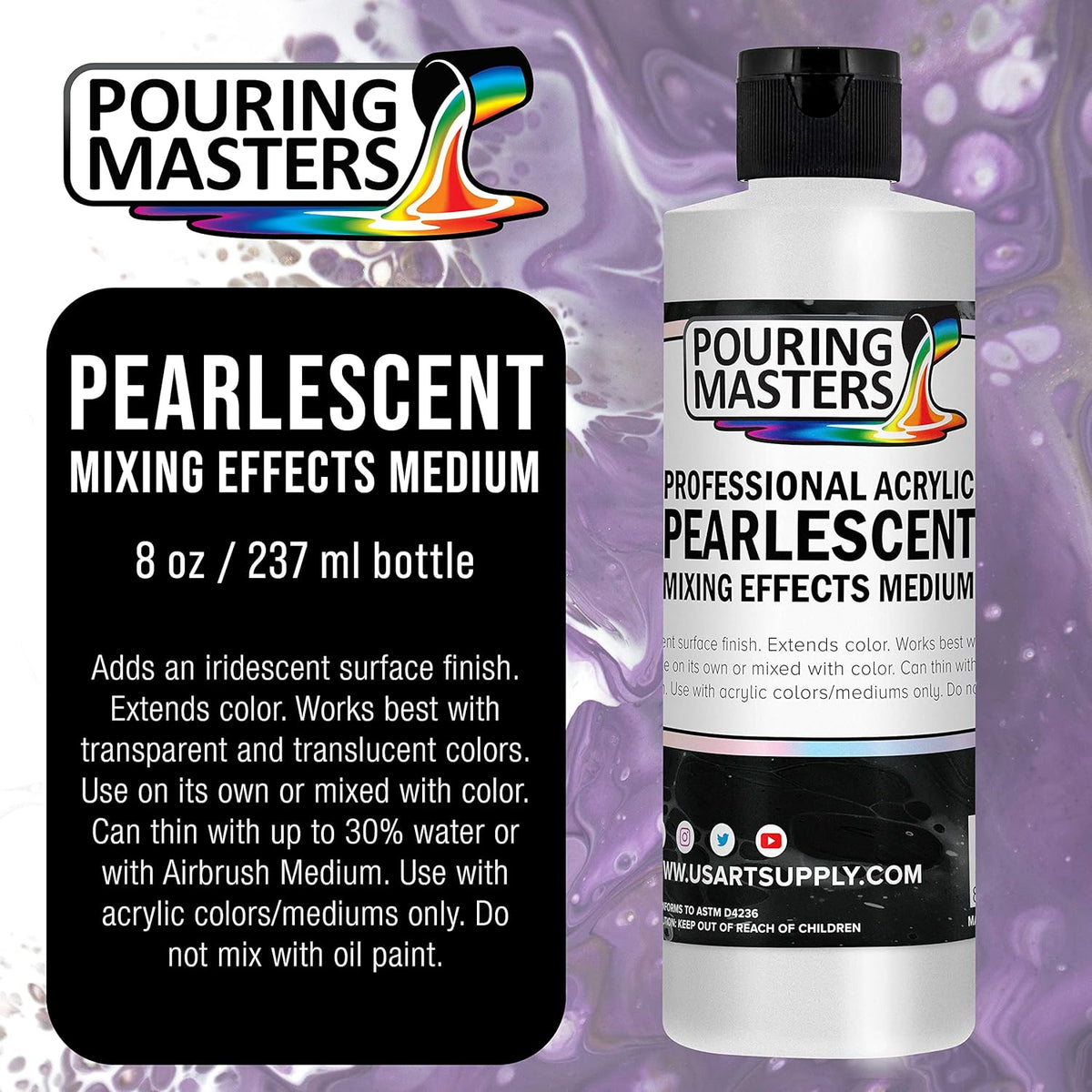 Pouring Masters 8 Oz Acrylic Pearlescent Effects Medium - Creates Pearl Iridescent Metallic Shimmer for Fluid Art & Acrylic Painting