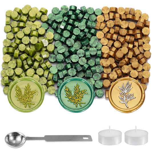 Yoption 360Pcs Wax Seal Beads, Metallic Antique Gold and Green Mix Sealing Wax Beads with 2Pcs Tea Candles and Spoon for Gift, Invitation, Envelope