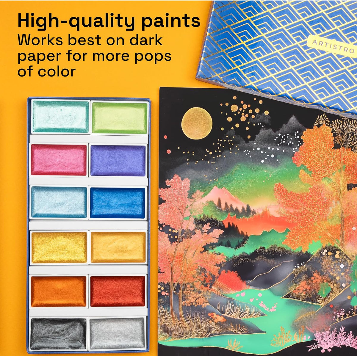 ARTISTRO Professional Metallic Watercolor Paint Set for Adults - 12 Pigment-Rich Metallic Colors, XL Pans, ASTM-I Lightfastness, High Tinting Strength Watercolor Set for Professionals made by professionals
