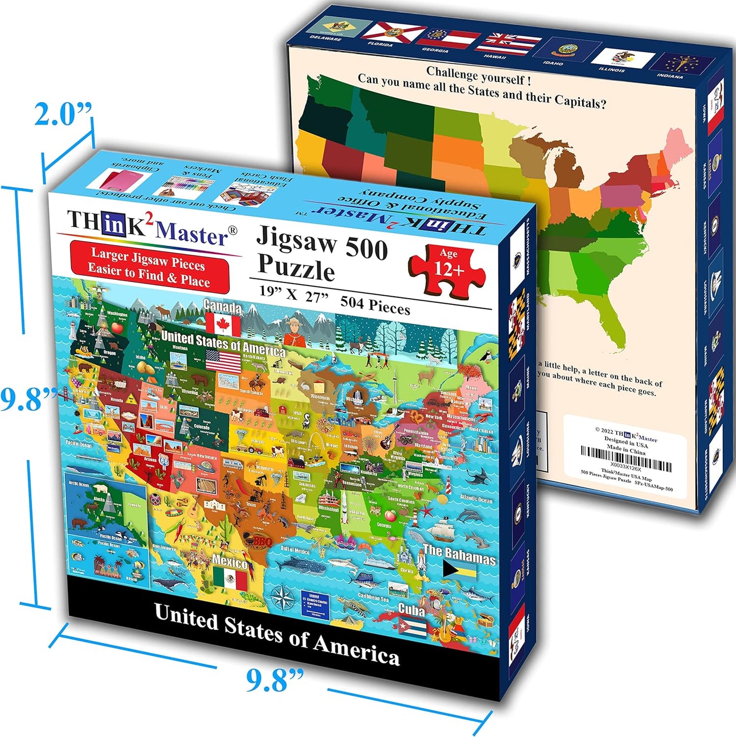 Think2Master Colorful United States Map 500 Pieces Large Format Jigsaw Puzzle for Kids 12+, Teens, Adults & Families. Great Gift for stimulating Interest in The USA Map. Size: 26.8” X 18.9”