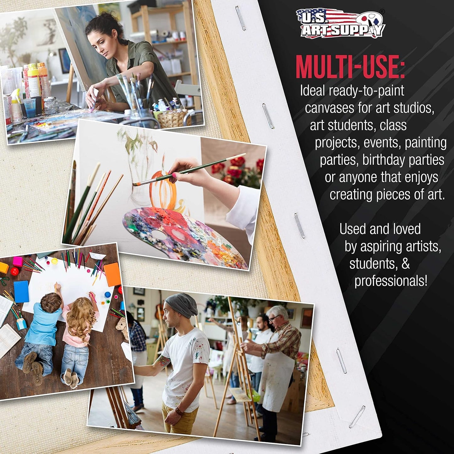 U.S. Art Supply Large Stretched Canvas for Painting 16x16 inch Gallery Depth 1-1/2" Thick, 3-Pack - 12oz Acrylic Gesso Triple Primed, Professional Artist Quality, 100% Cotton - Oil, Pouring Paint