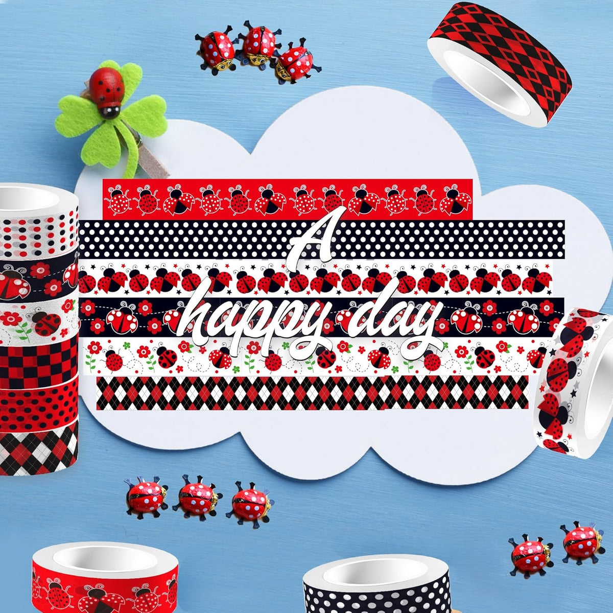 12 Rolls Insect Washi Tape, Seven Star Ladybug Masking Tape, Red Black Spots Decorative Tape for Journaling, Scrapbooking, DIY Crafts, Planner, Gift Wrapping, 16.4FT