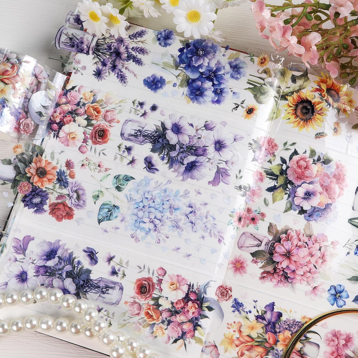 Journaling Scrapbook PET Tapes - Floral Scrapbooking Junk Journal Supplies, Flower Decorative Tapes for Art Crafts, Aesthetic Washi Tapes Scrapbooking Supplies, Floral Journaling Tapes
