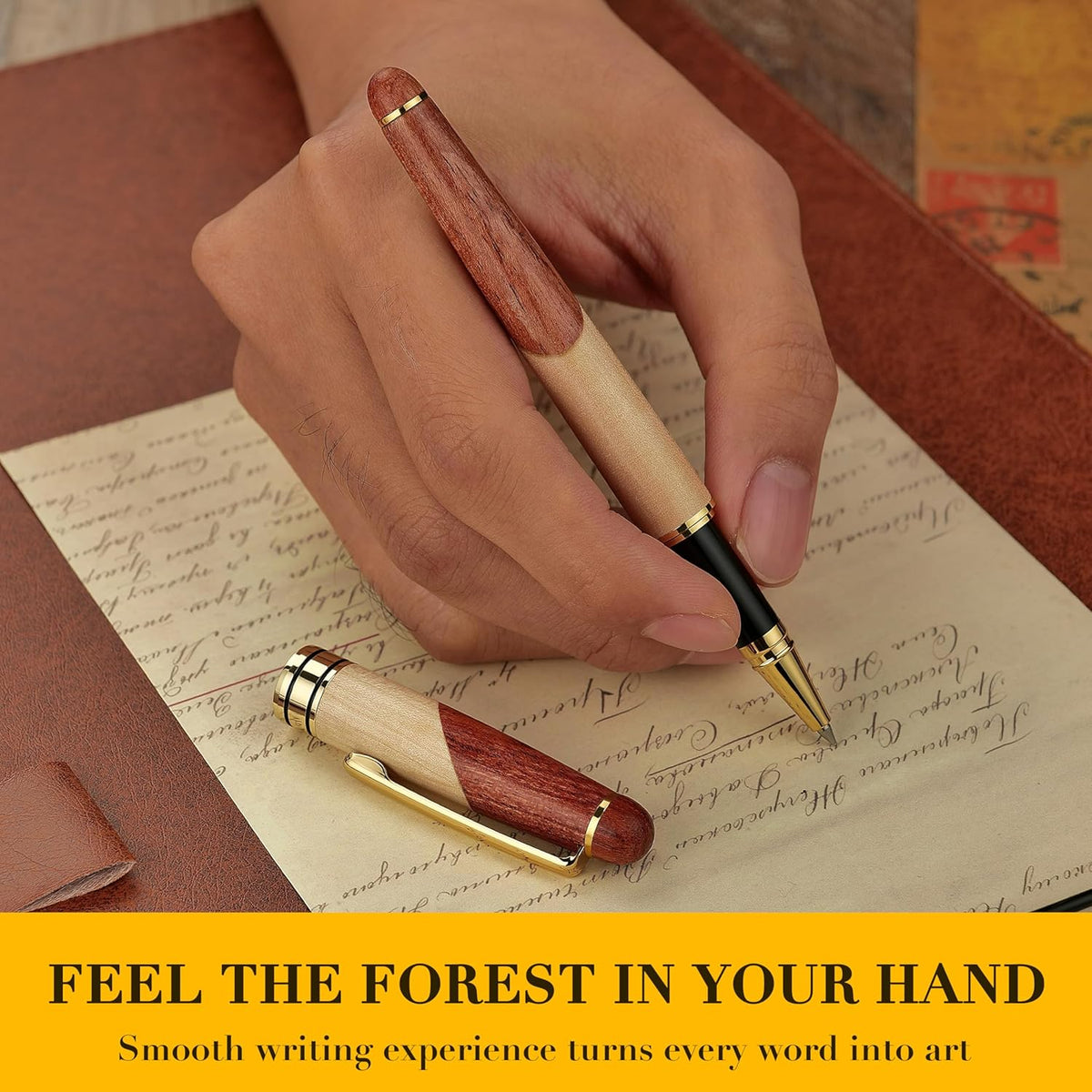 BEILUNER Luxury Wood Ballpoint Pen Writing Set,Maple-Elegant Fancy Nice Gift Pen Set for Signature Calligraphy Office Fancy Nice Supplies - Christmas Gift Boxed with Extra Refills (Black)