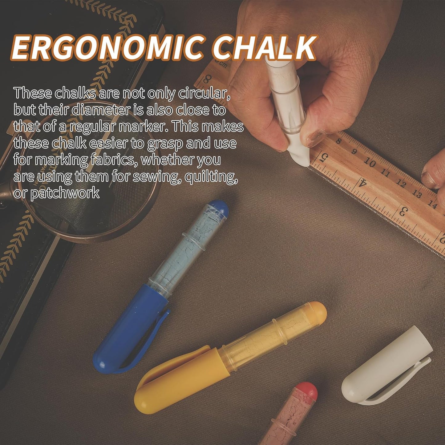 (4-pack) Fabric Chalk Markers (Red, Yellow, Blue, White) -Erase Tailor’s Chalk for Quilting and Sewing - Compatible with Most Fabrics - With Dosing Wheel Technology, 4 Colors