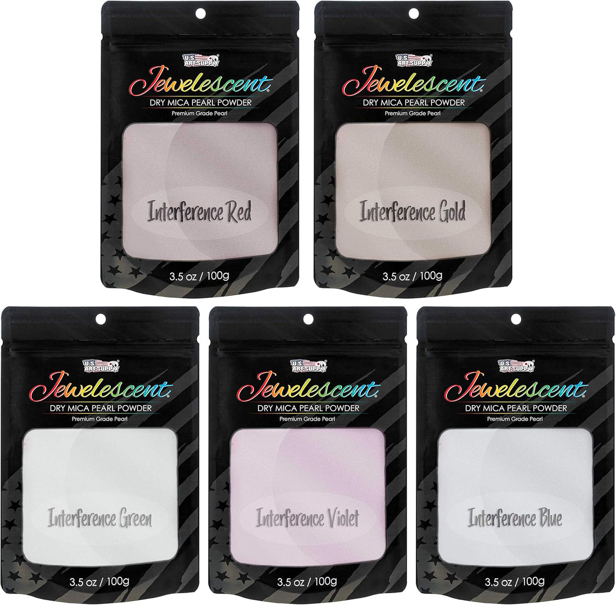 U.S. Art Supply Jewelescent Mica Pearl Pigment Powder Kit, 5 Interference Colors, 3.5 oz (100g) Pouches - Cosmetic Grade, Epoxy Resin Color Pigment, Mica Powder for Resin, Soap, Slime, Candle Dye, Art
