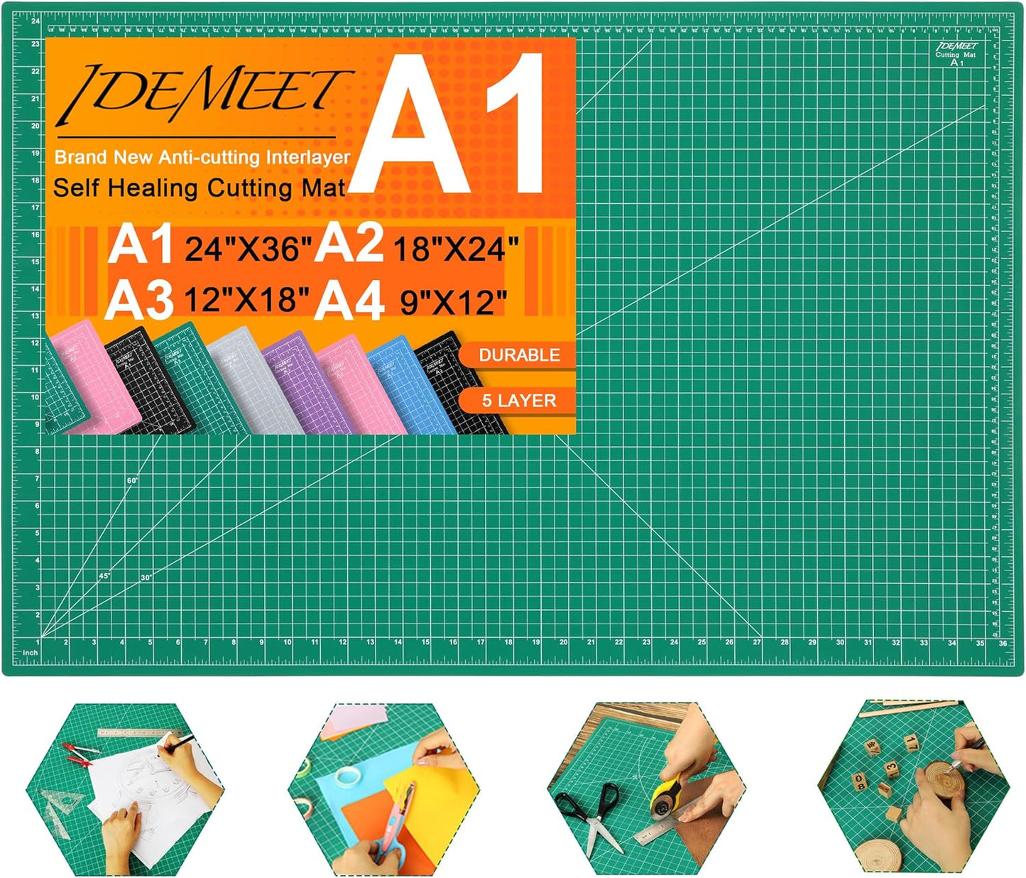 Density-upgraded 24" x 36" Large Self Healing Sewing Mat, Idemeet Rotary Cutting Mat 5 Play Cut Board for Crafts Hobby Project, Scale Size 24" x 36", A1, Green