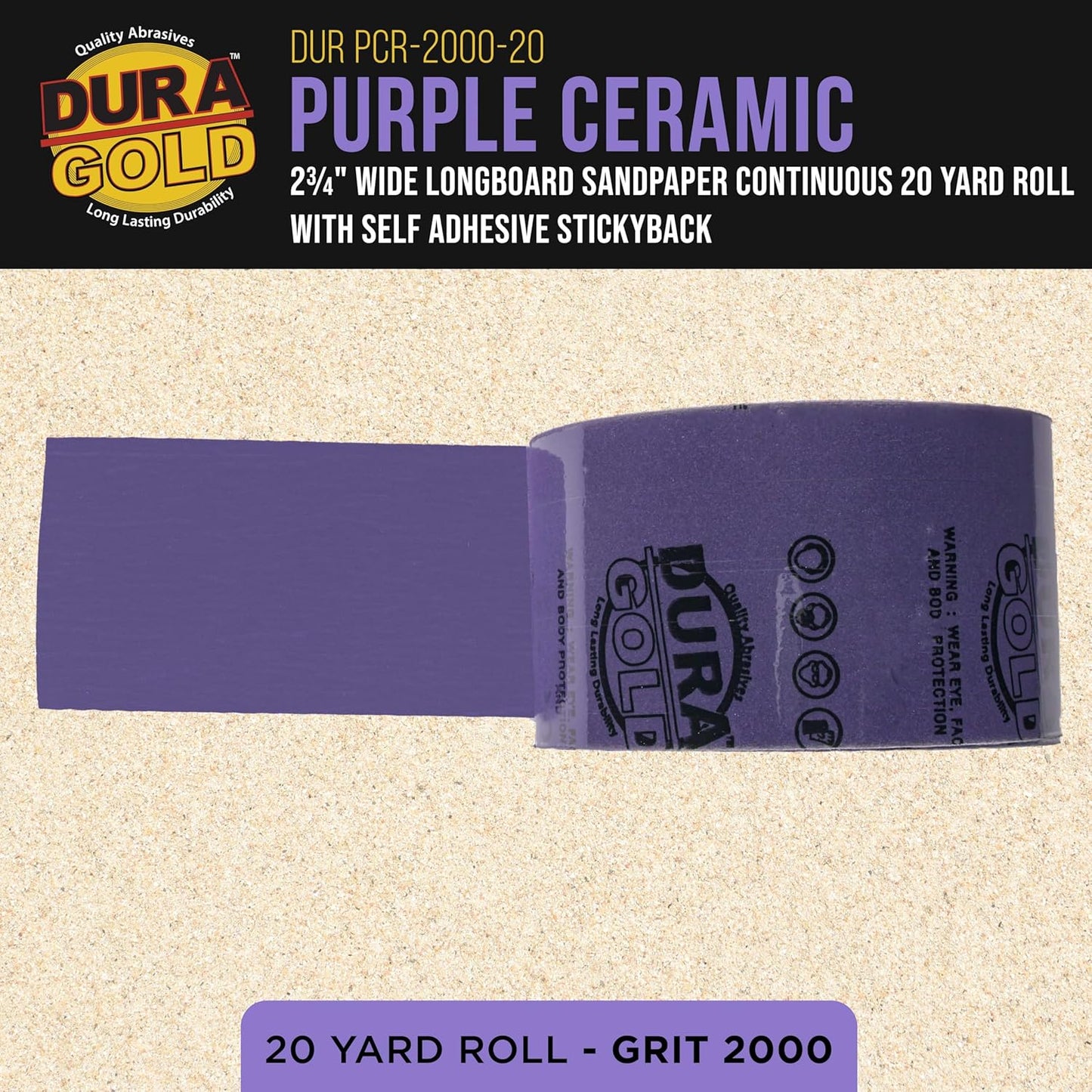 Dura-Gold Premium 2000 Grit PSA Purple Film Ceramic Longboard Sandpaper, 2-3/4" Wide Continuous 20 Yard Roll - Self Adhesive Stickyback for Auto & Wood Air File Long Board Sanders, Hand Sanding Blocks