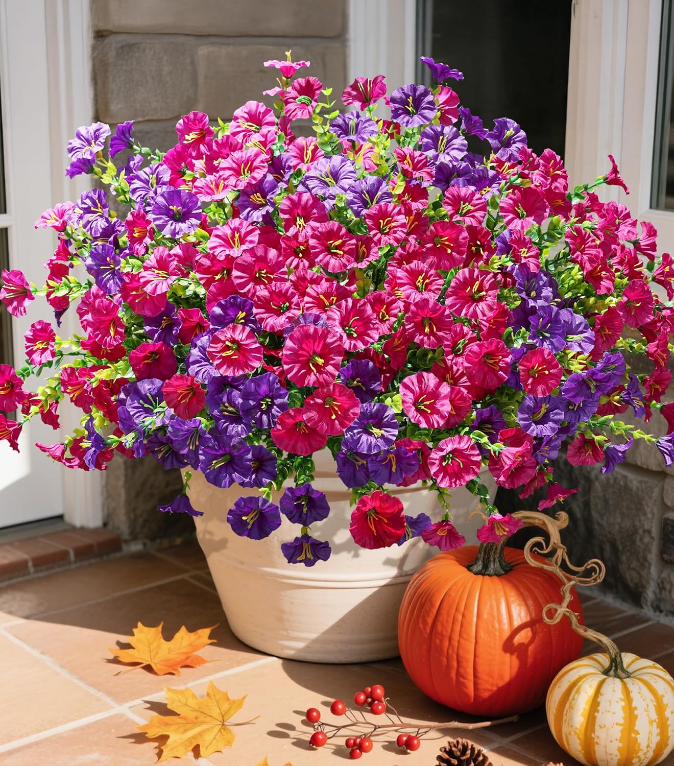 Artificial Flowers Fake Plants for Outdoors Decoration, 12 Bundles Silk Morning Glory with Eucalyptus Realistic UV Resistant Faux Flowers for Outside Planter Porch Yard Patio Garden Home Indoor, Mix