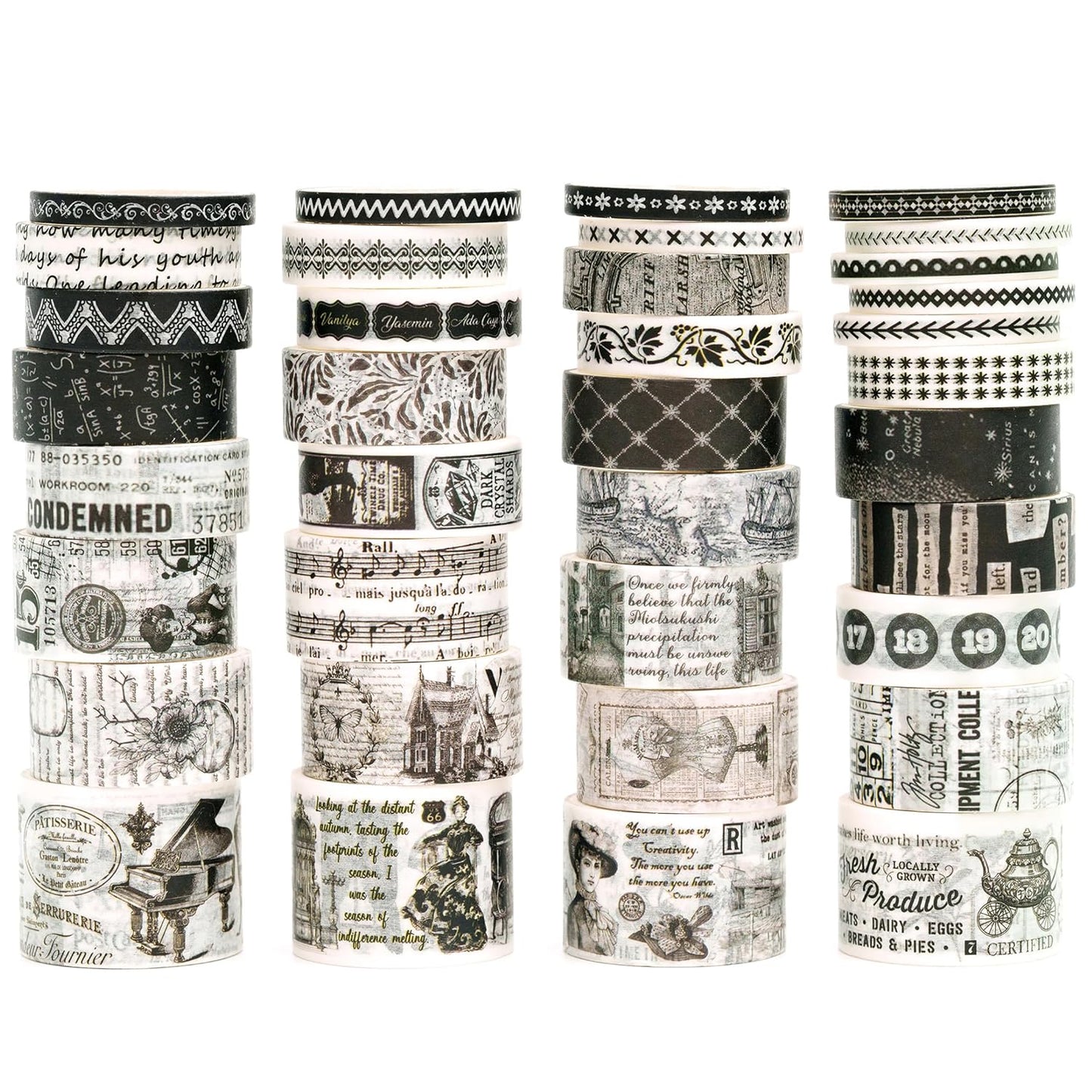 36 Rolls Vintage Washi Tape Pack Retro Arts Adhesive Tapes Wide Chronicle Decorative Masking Tape Sets for Craft, Kids, Scrapbook, DIY, Gift Wrapping (Black & White Light)