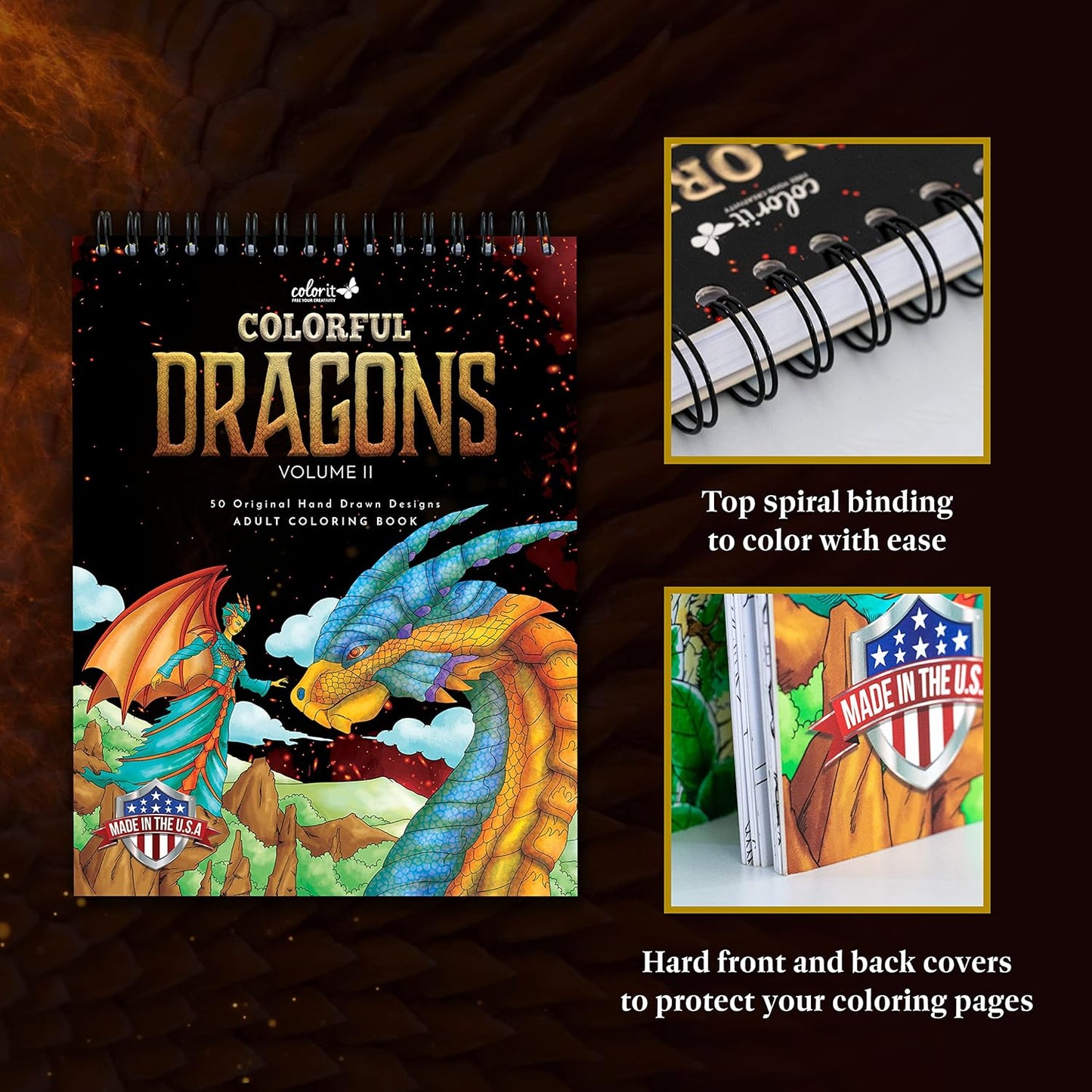 ColorIt Colorful Dragons Adult Coloring Book for Women, Volume II - 50 Single-Sided Designs, Thick Smooth Paper, Lay Flat Hardback Covers, Spiral Bound, Dragon Coloring Pages