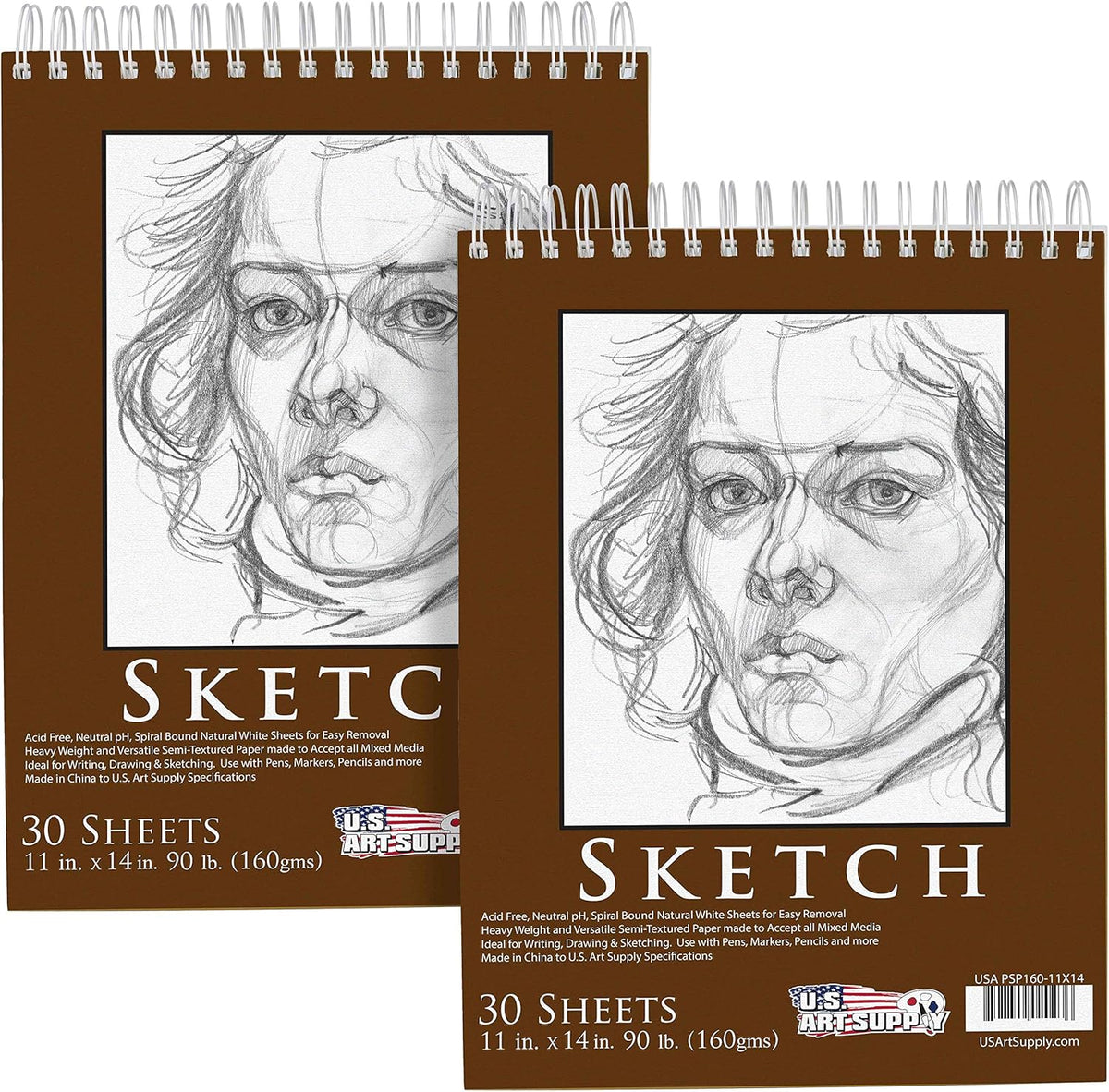 U.S. Art Supply 11”x14 Premium Heavy-Weight Paper Spiral Bound Sketch Book: 90 Pound (160gsm), 30-Sheet Drawing Pad (2 Pack)