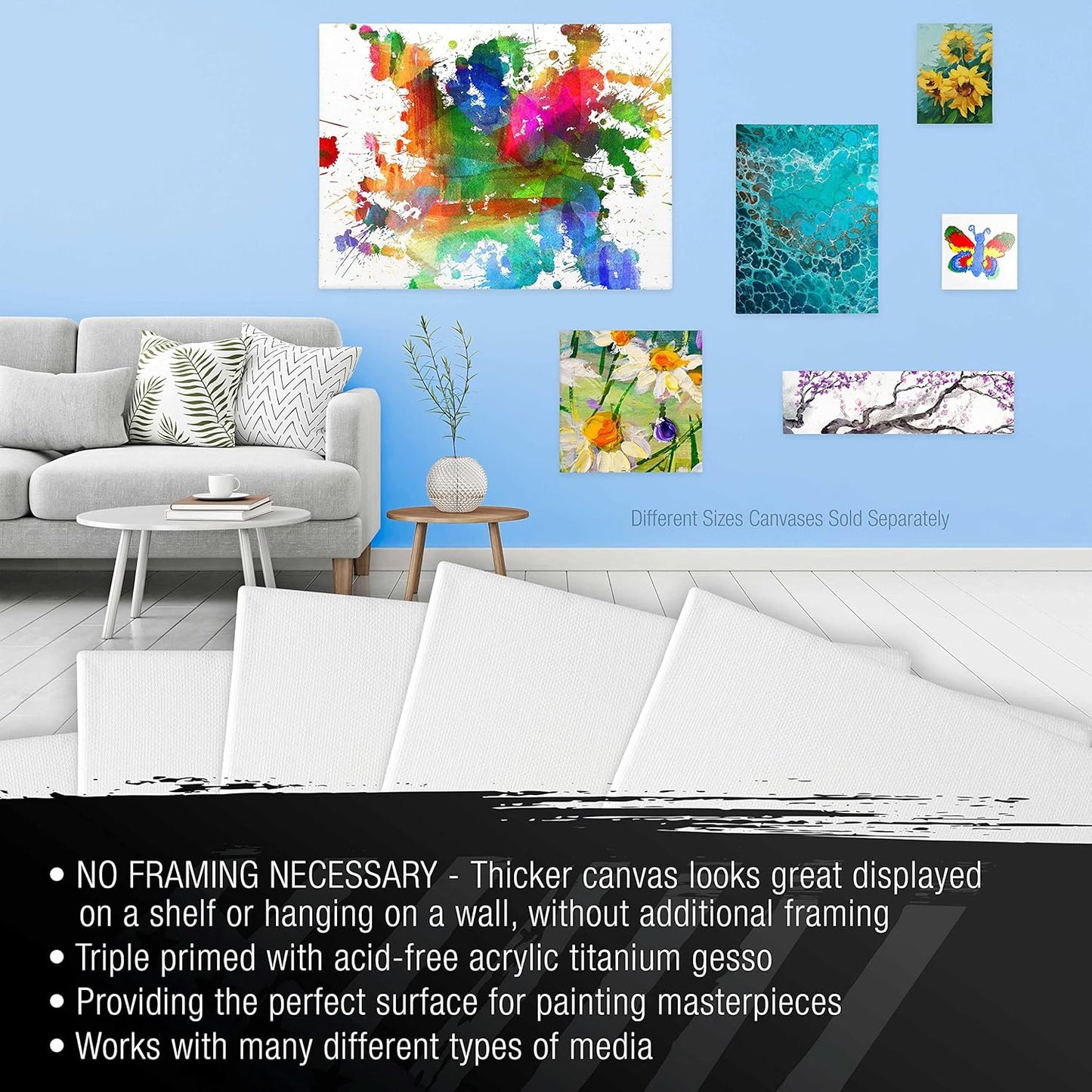 U.S. Art Supply Large Stretched Canvas for Painting 16x16 inch Gallery Depth 1-1/2" Thick, 3-Pack - 12oz Acrylic Gesso Triple Primed, Professional Artist Quality, 100% Cotton - Oil, Pouring Paint