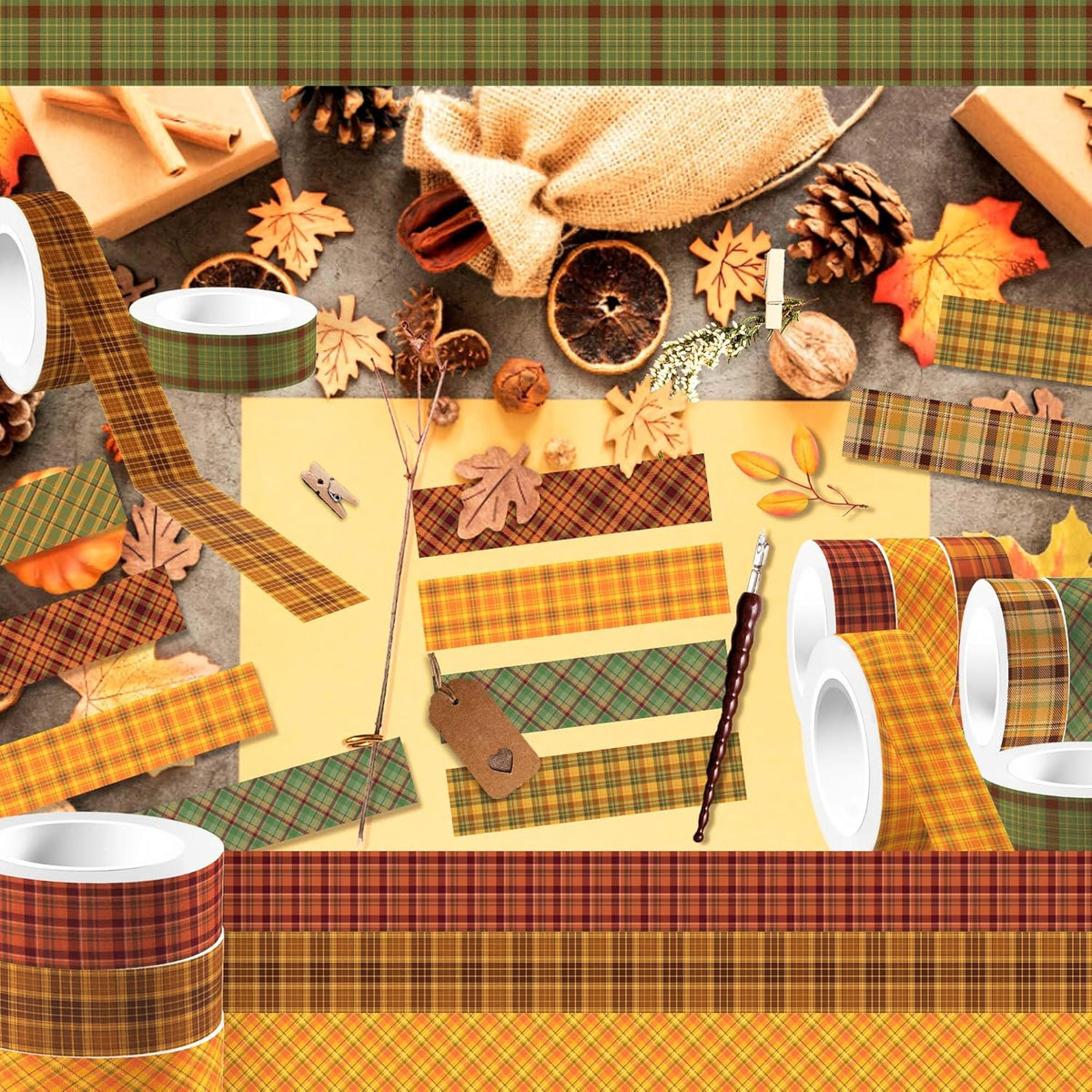 12 Pcs Thanksgiving Washi Tape Plaid Pattern Masking Tape Decorations Thanksgiving Decorative Paper Sticker for Vintage Journals, Planners, DIY Craft Gift Wrapping