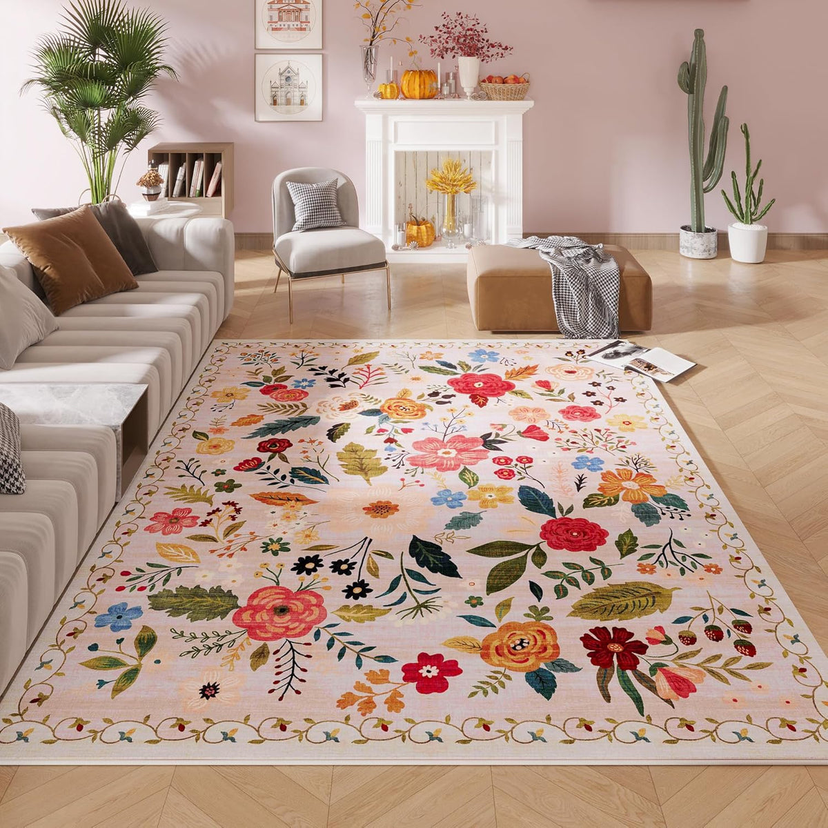 Rugcomf Living Room Rug 5x7 Rug Machine Washable Boho Area Rug Non Slip Floral Vintage Low Pile Large Rugs for Living Room, Bedroom, Farmhouse, Dining Room, Kids Playroom(Beige)