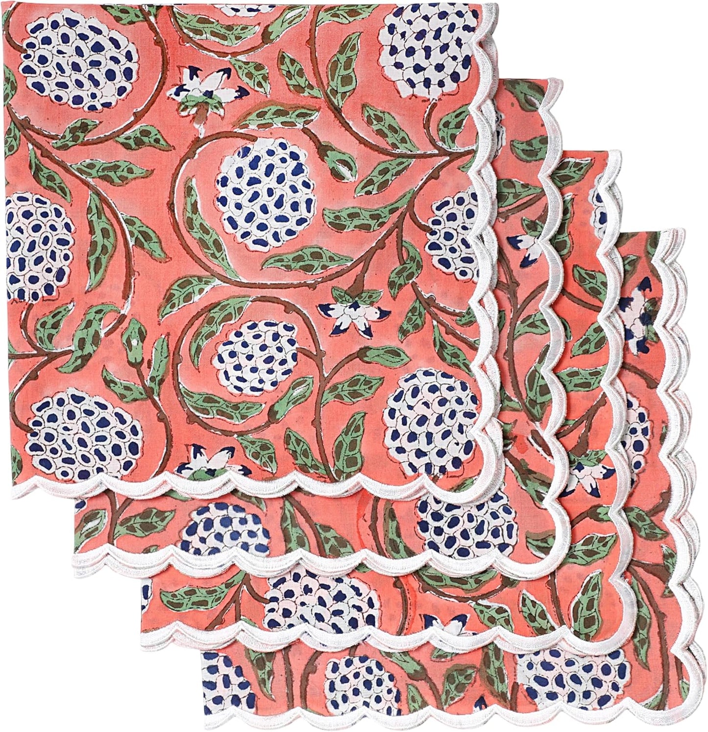 Ridhi Dark Salmon Pink Hand Block Print Napkins 18" x 18" Set of 4 Reusable Cotton Dinner Napkins for Weddings, Parties & Everyday Dining, Thanksgiving, Christmas, Fall