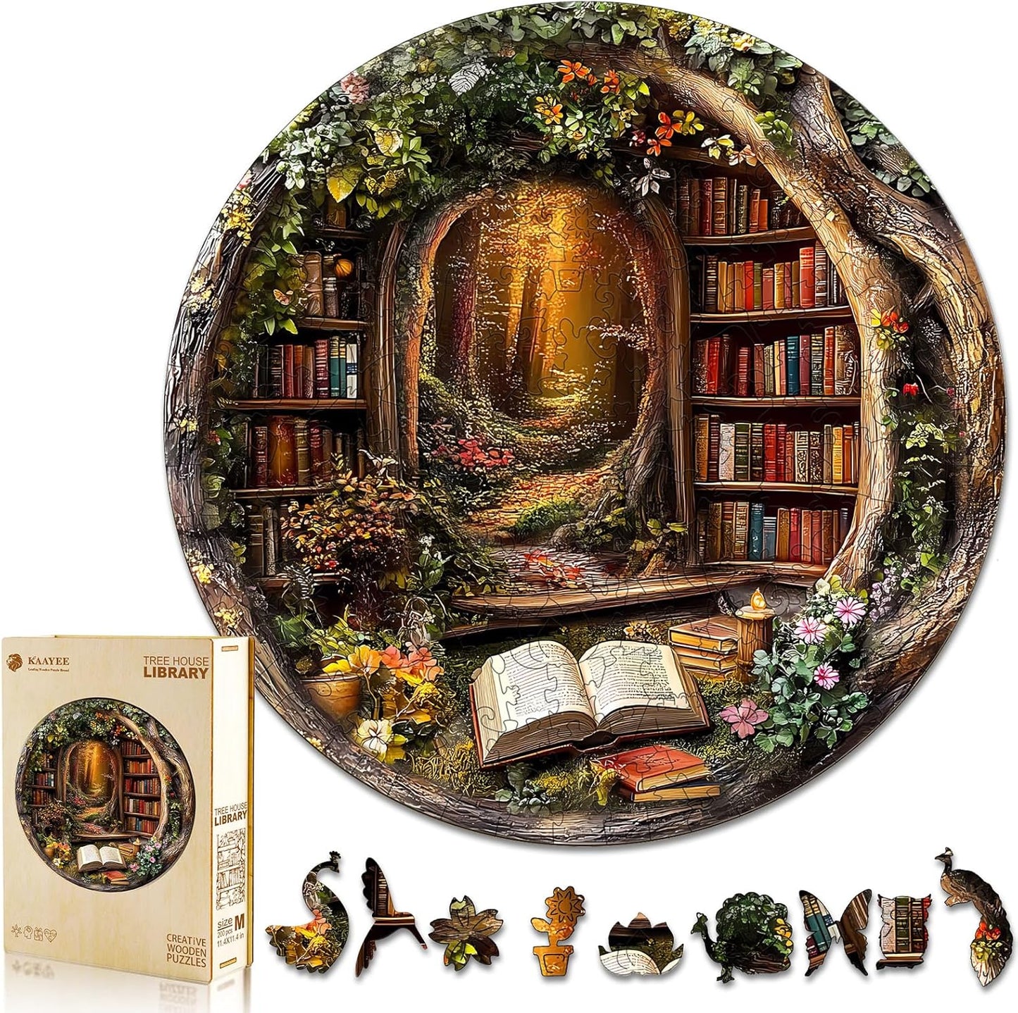 KAAYEE Wooden Puzzles for Adults, Tree House Library Wooden Jigsaw Puzzle Unique Shape Wood Puzzles Adult, 3D Effect Flat Puzzle Birthday Gifts Family Games (XL-17.3 * 17.3in-450pcs)