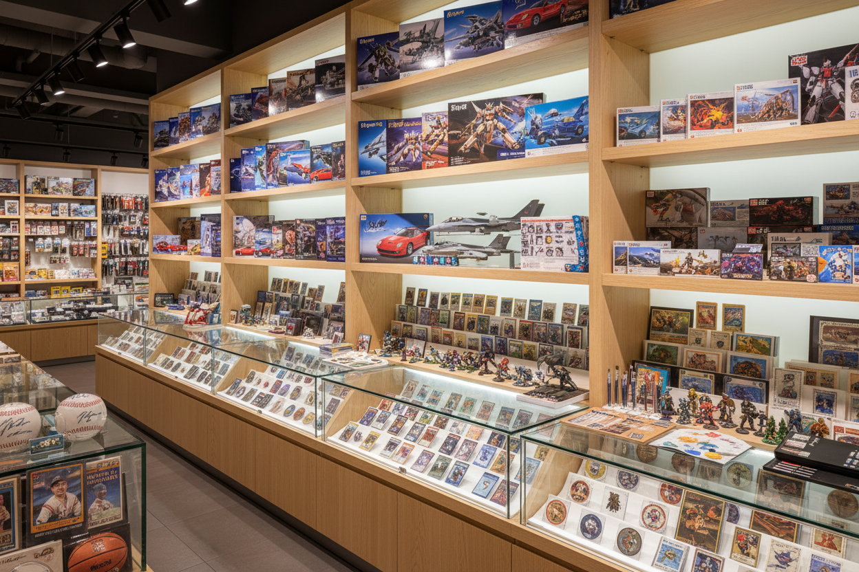 Collectibles & Model Building (수집품 & 모델 제작)

• Model Kits
– Cars, Aircraft, Ships, Military Models, Gundam

• Miniatures & Gaming Figures
– Tabletop Miniatures, Paint Sets, Display Cases

• Trading Cards
– Pokémon, Magic: The Gathering, Sports Cards

• Coins & Stamps
– Collectible Coins, Stamp Albums, Tools

• Memorabilia
– Celebrity, Sports, Movie Collectibles